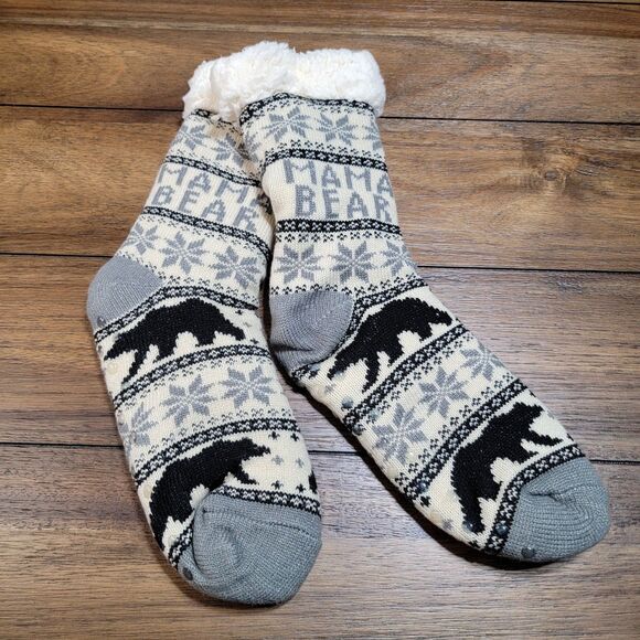 Mama Bear Thick Thermal Sherpa Socks w/ Foot Grips Black, White & Grey - NWOT - Picture 1 of 4